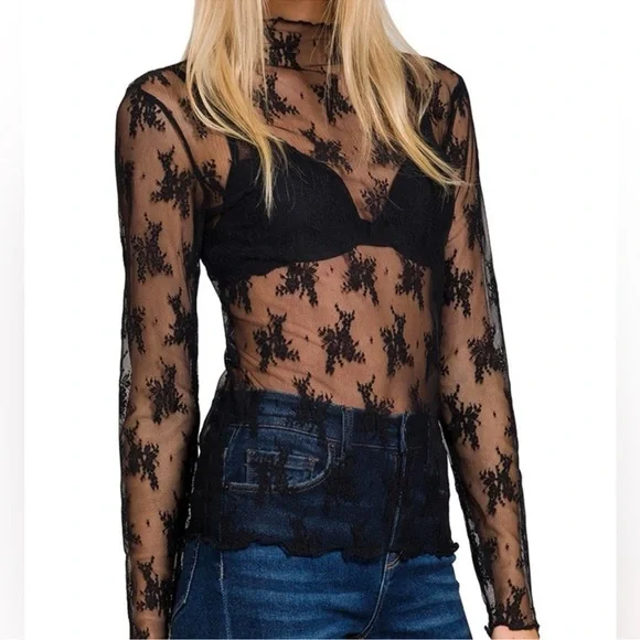 Black Embroidered Lace Long Sleeve Top - Picture 2 of 4